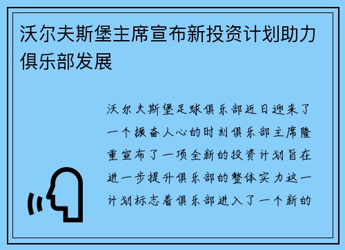 沃尔夫斯堡主席宣布新投资计划助力俱乐部发展